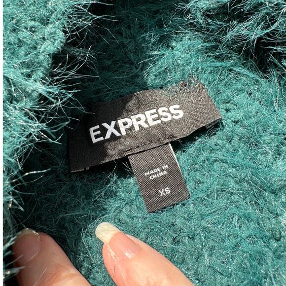 Express Green Fuzzy Long Sleeve Mock Neck Crop Sweater XS - Picture 8 of 13